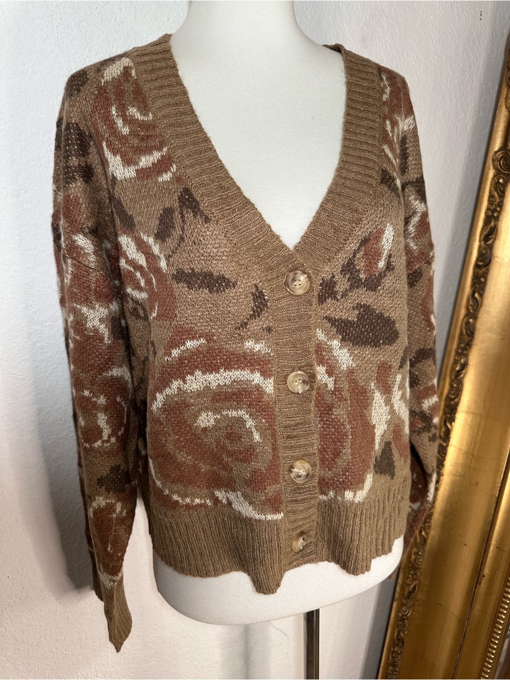New Vici Brown Print Wool/Mohair Blend Button Front Cardigan Sweater Size Large